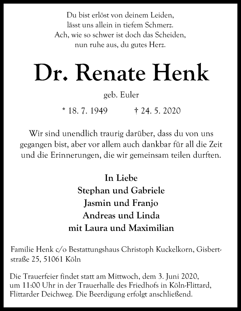  Traueranzeige für Renate Henk vom 30.05.2020 aus Kölner Stadt-Anzeiger / Kölnische Rundschau / Express