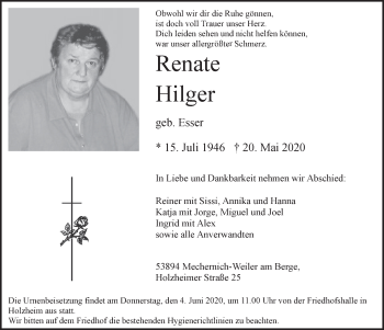 Anzeige von Renate Hilger von  Blickpunkt Euskirchen 
