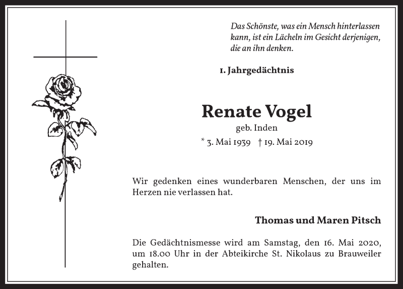  Traueranzeige für Renate Vogel vom 08.05.2020 aus  Wochenende 