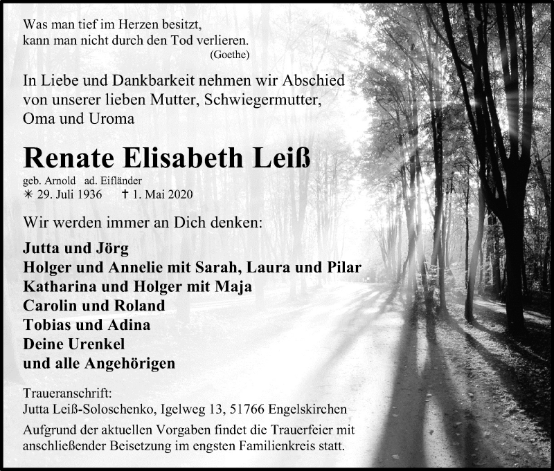  Traueranzeige für Renate Elisabeth Leiß vom 06.05.2020 aus Kölner Stadt-Anzeiger / Kölnische Rundschau / Express