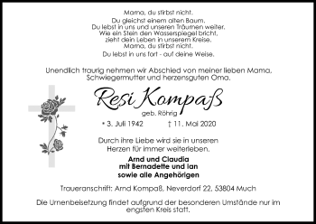 Anzeige von Resi Kompaß von Kölner Stadt-Anzeiger / Kölnische Rundschau / Express