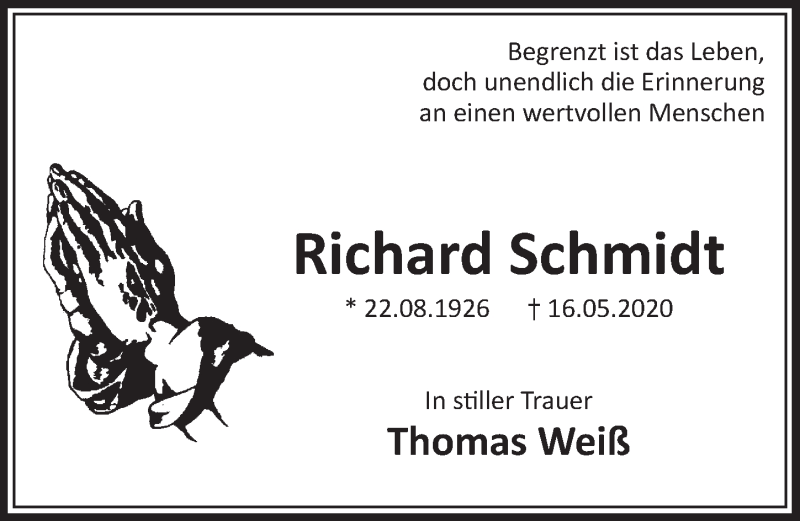  Traueranzeige für Richard Schmidt vom 29.05.2020 aus  Schlossbote/Werbekurier 