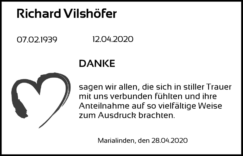 Traueranzeige für Richard Vilshöfer vom 02.05.2020 aus Kölner Stadt-Anzeiger / Kölnische Rundschau / Express
