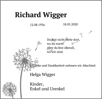 Anzeige von Richard Wigger von Kölner Stadt-Anzeiger / Kölnische Rundschau / Express