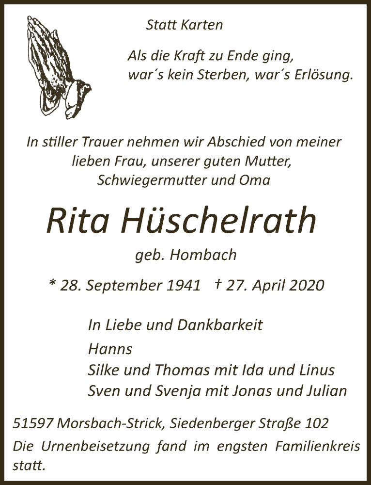  Traueranzeige für Rita Hüschelrath vom 08.05.2020 aus  Lokalanzeiger 