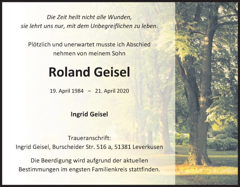  Traueranzeige für Roland Geisel vom 09.05.2020 aus Kölner Stadt-Anzeiger / Kölnische Rundschau / Express