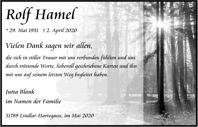  Traueranzeige für Rolf Hamel vom 15.05.2020 aus  Anzeigen Echo 