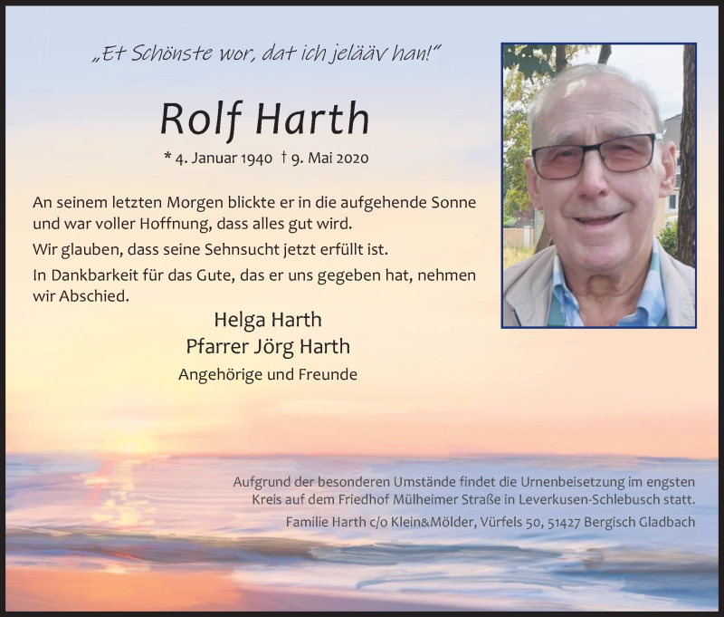  Traueranzeige für Rolf Harth vom 16.05.2020 aus Kölner Stadt-Anzeiger / Kölnische Rundschau / Express