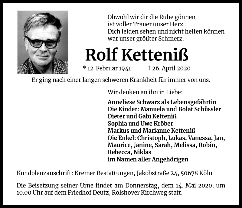  Traueranzeige für Rolf Ketteniß vom 09.05.2020 aus Kölner Stadt-Anzeiger / Kölnische Rundschau / Express