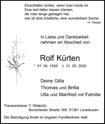 Anzeige von Rolf Kürten von Kölner Stadt-Anzeiger / Kölnische Rundschau / Express