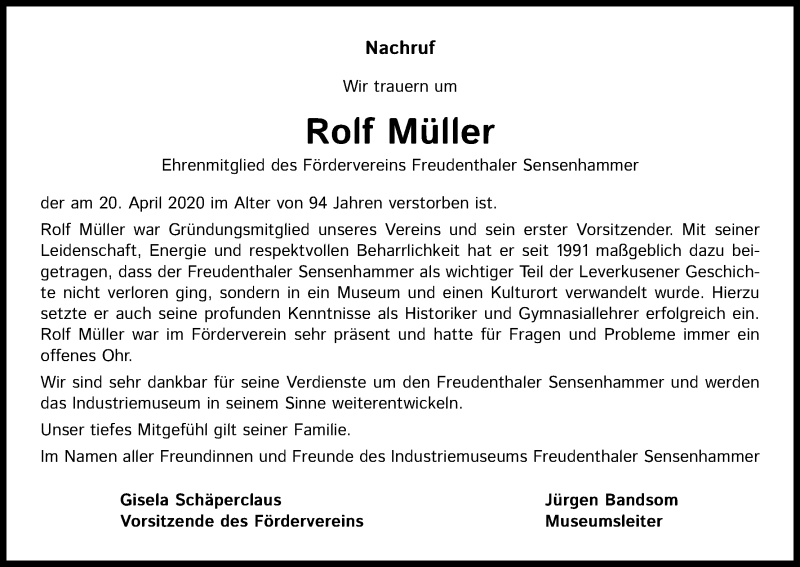 Traueranzeige für Rolf Müller vom 02.05.2020 aus Kölner Stadt-Anzeiger / Kölnische Rundschau / Express