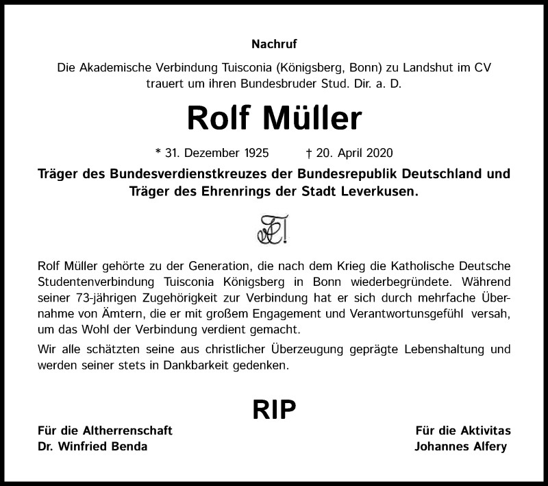  Traueranzeige für Rolf Müller vom 16.05.2020 aus Kölner Stadt-Anzeiger / Kölnische Rundschau / Express