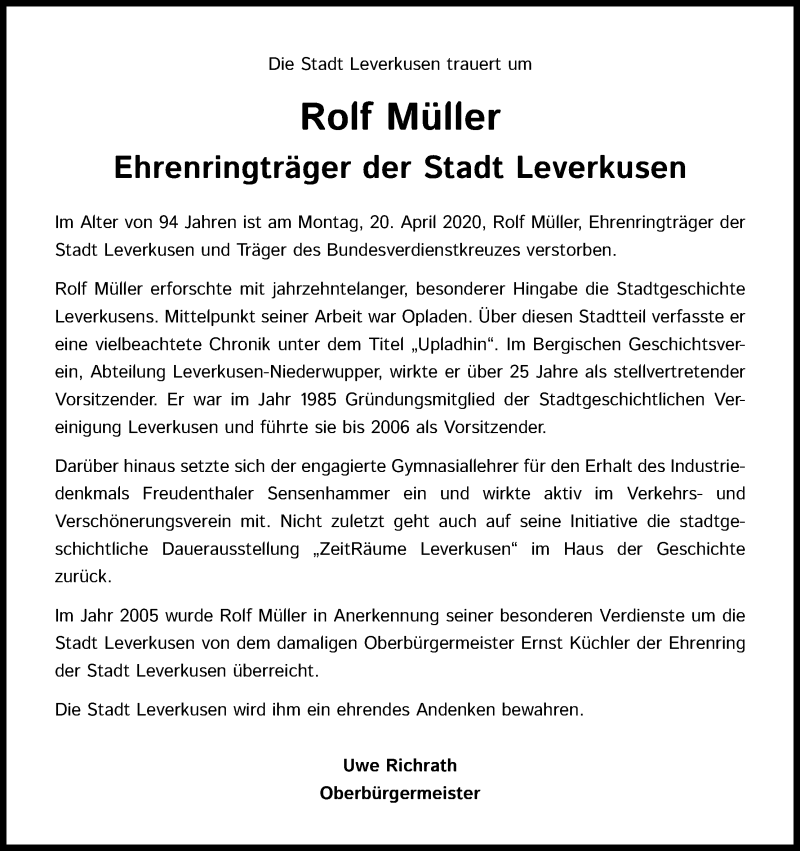  Traueranzeige für Rolf Müller vom 02.05.2020 aus Kölner Stadt-Anzeiger / Kölnische Rundschau / Express