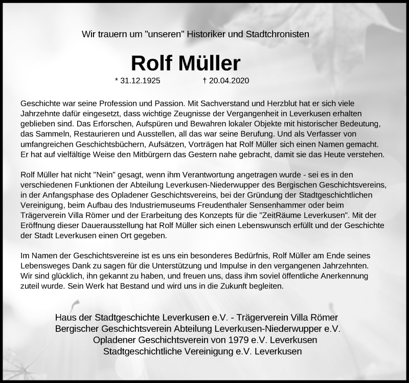  Traueranzeige für Rolf Müller vom 02.05.2020 aus Kölner Stadt-Anzeiger / Kölnische Rundschau / Express