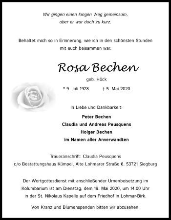 Anzeige von Rosa Bechen von Kölner Stadt-Anzeiger / Kölnische Rundschau / Express