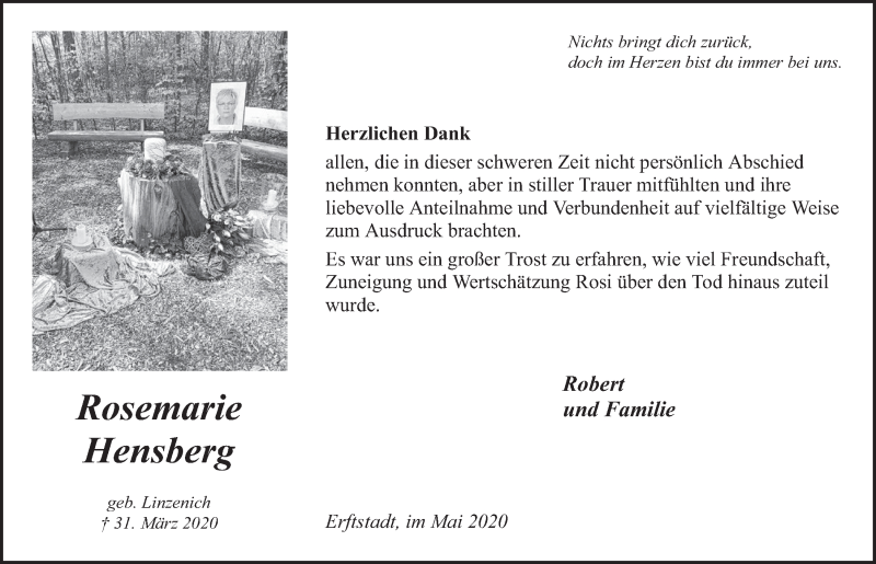 Traueranzeige für Rosemarie Hensberg vom 08.05.2020 aus  Wochenende  Werbepost 
