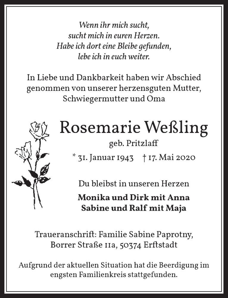  Traueranzeige für Rosemarie Weßling vom 22.05.2020 aus  Wochenende 
