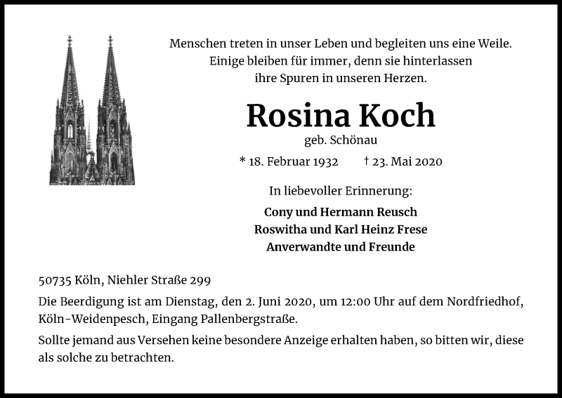  Traueranzeige für Rosina Koch vom 30.05.2020 aus Kölner Stadt-Anzeiger / Kölnische Rundschau / Express