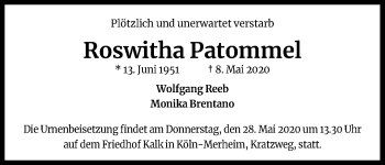 Anzeige von Roswitha Patommel von Kölner Stadt-Anzeiger / Kölnische Rundschau / Express