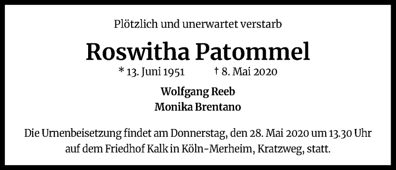  Traueranzeige für Roswitha Patommel vom 23.05.2020 aus Kölner Stadt-Anzeiger / Kölnische Rundschau / Express