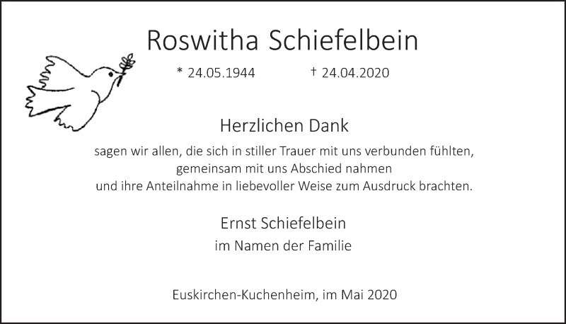  Traueranzeige für Roswitha Schiefelbein vom 23.05.2020 aus  Blickpunkt Euskirchen 