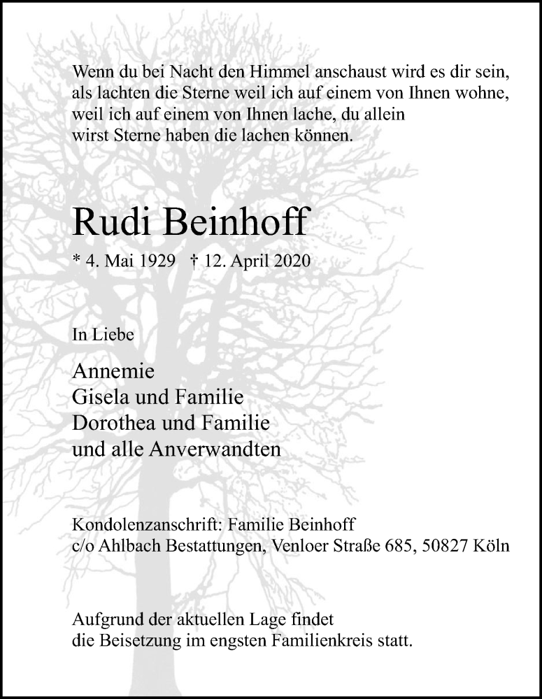  Traueranzeige für Rudi Beinhoff vom 16.05.2020 aus Kölner Stadt-Anzeiger / Kölnische Rundschau / Express
