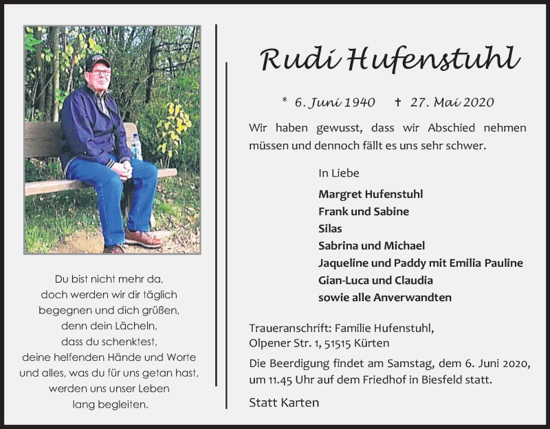  Traueranzeige für Rudi Hufenstuhl vom 30.05.2020 aus Kölner Stadt-Anzeiger / Kölnische Rundschau / Express