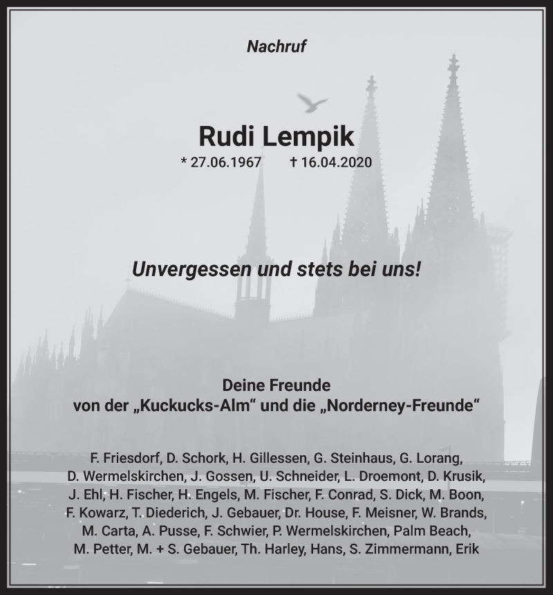  Traueranzeige für Rudi Lempik vom 08.05.2020 aus  Wochenende 