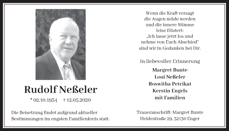  Traueranzeige für Rudolf Neßeler vom 22.05.2020 aus  Werbepost 