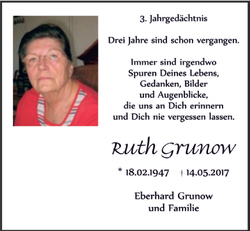  Traueranzeige für Ruth Grunow vom 09.05.2020 aus  Blickpunkt Euskirchen 
