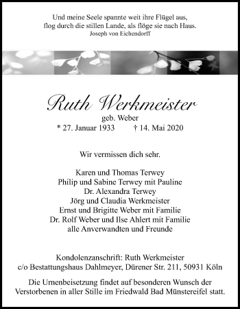 Anzeige von Ruth Werkmeister von Kölner Stadt-Anzeiger / Kölnische Rundschau / Express