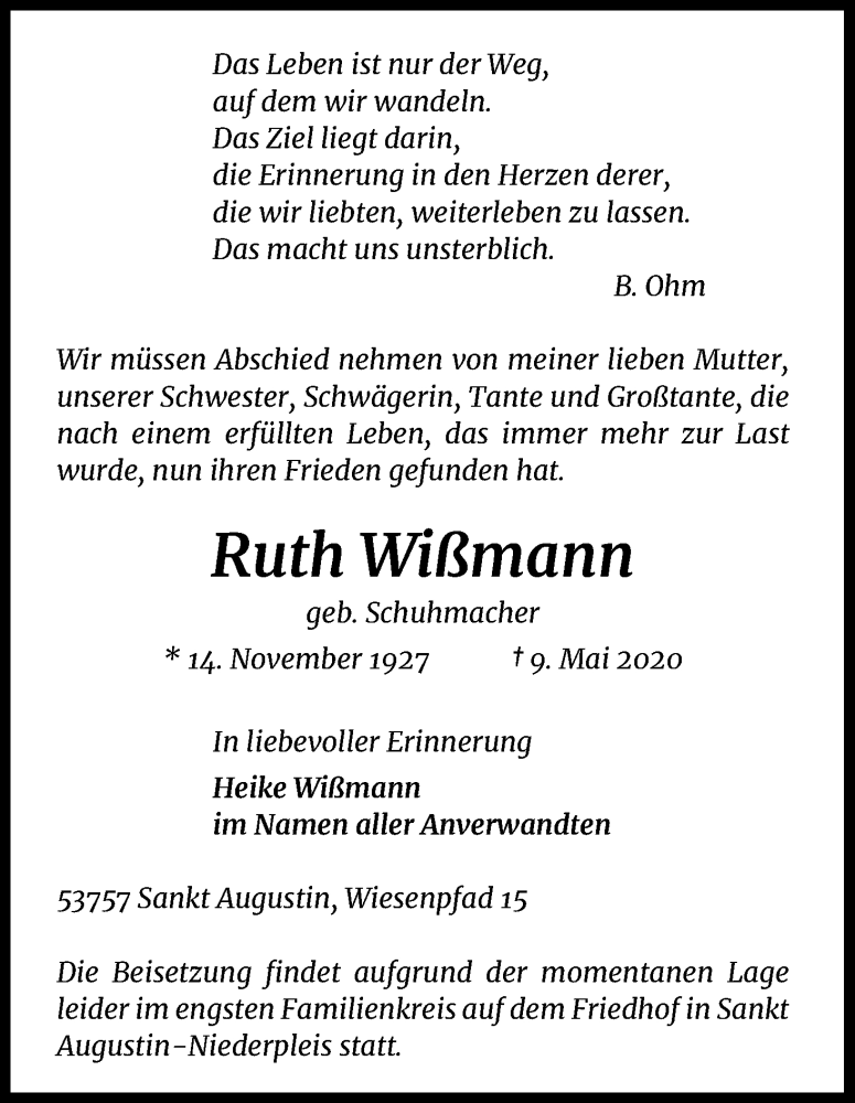  Traueranzeige für Ruth Wißmann vom 13.05.2020 aus Kölner Stadt-Anzeiger / Kölnische Rundschau / Express