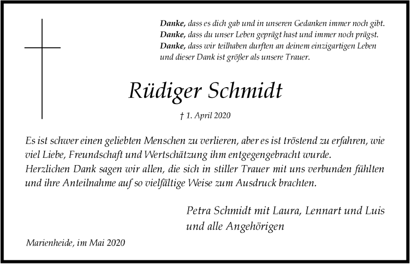  Traueranzeige für Rüdiger Schmidt vom 29.05.2020 aus  Anzeigen Echo 