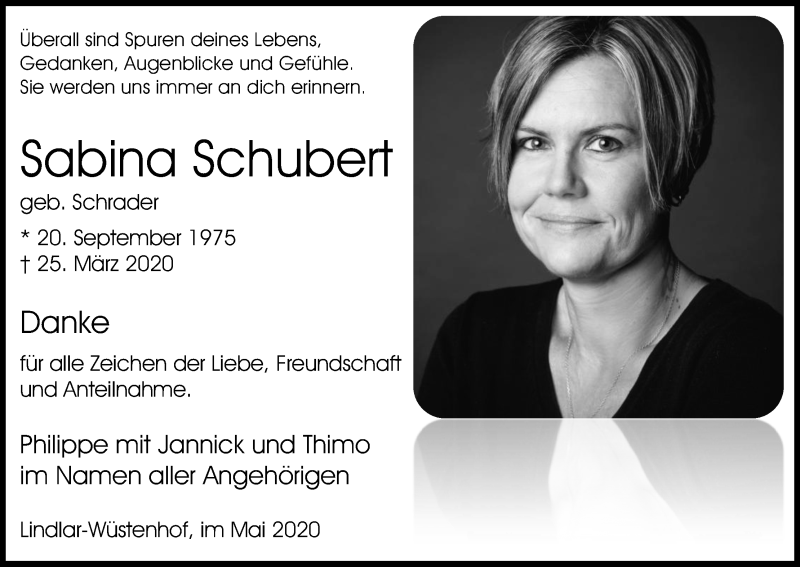  Traueranzeige für Sabina Schubert vom 09.05.2020 aus Kölner Stadt-Anzeiger / Kölnische Rundschau / Express