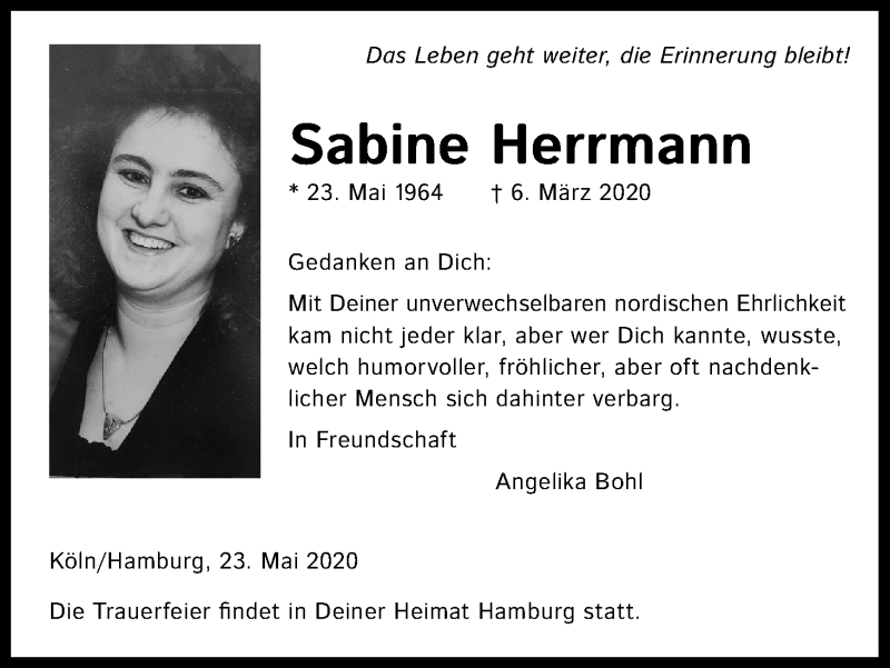  Traueranzeige für Sabine Herrmann vom 23.05.2020 aus Kölner Stadt-Anzeiger / Kölnische Rundschau / Express