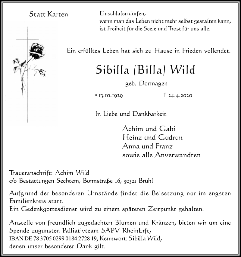 Traueranzeige für Sibilla Wild vom 02.05.2020 aus Kölner Stadt-Anzeiger / Kölnische Rundschau / Express