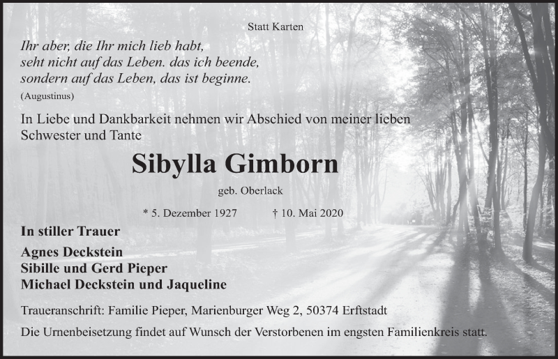  Traueranzeige für Sibylla Gimborn vom 22.05.2020 aus  Wochenende 