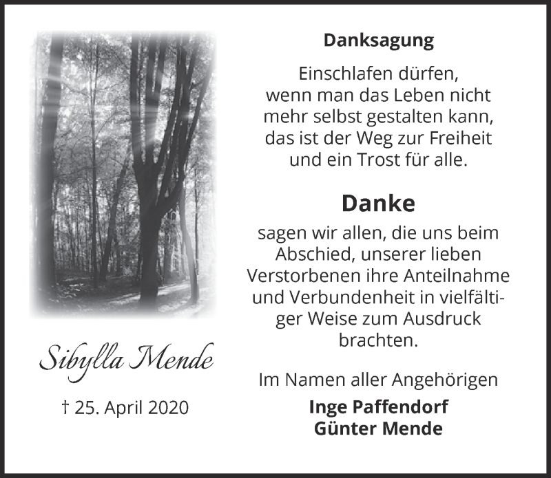  Traueranzeige für Sibylla Mende vom 30.05.2020 aus  Blickpunkt Euskirchen 