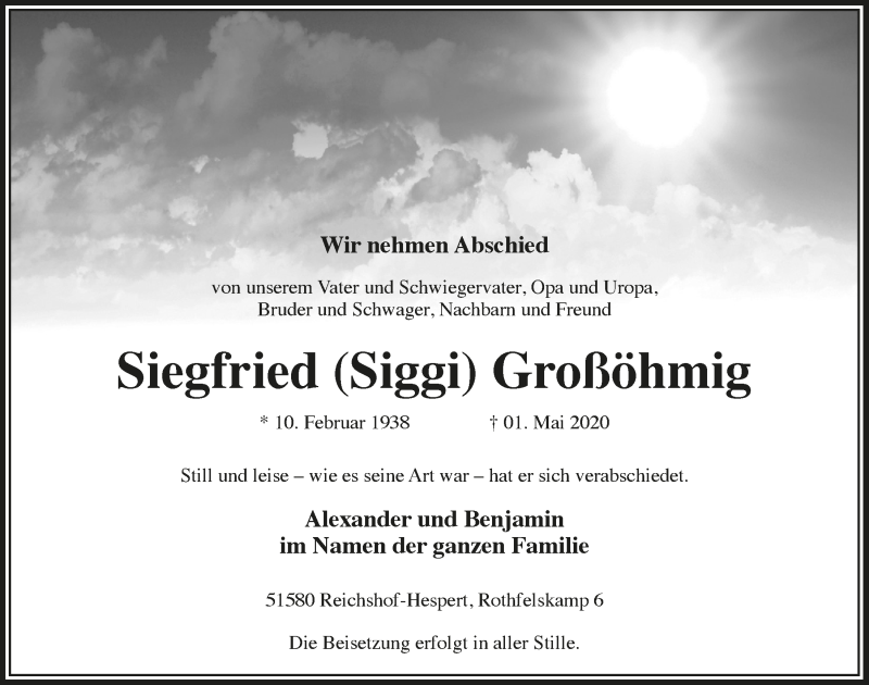  Traueranzeige für Siegfried Großöhmig vom 08.05.2020 aus  Anzeigen Echo 
