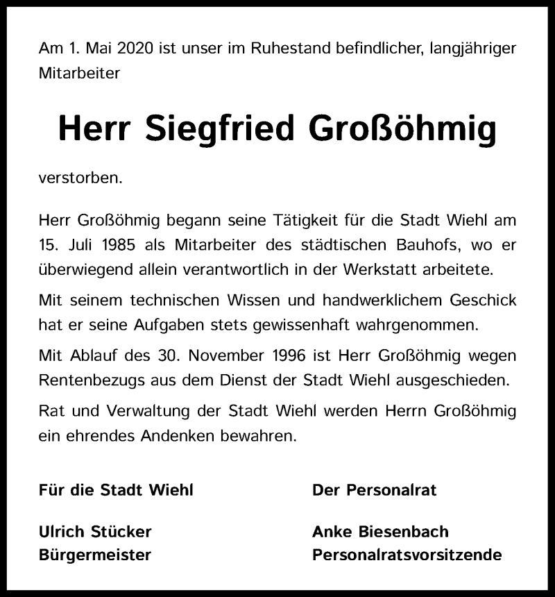  Traueranzeige für Siegfried Großöhmig vom 14.05.2020 aus Kölner Stadt-Anzeiger / Kölnische Rundschau / Express