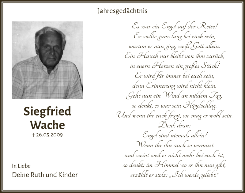  Traueranzeige für Siegfried Wache vom 29.05.2020 aus  Lokalanzeiger 
