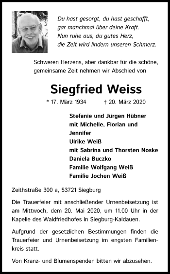 Anzeige von Siegfried Weiss von Kölner Stadt-Anzeiger / Kölnische Rundschau / Express