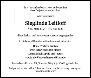 Anzeige von Sieglinde Leitloff von Kölner Stadt-Anzeiger / Kölnische Rundschau / Express