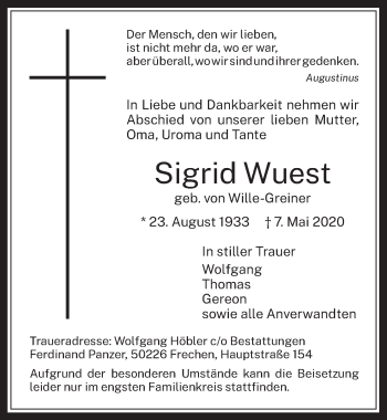 Anzeige von Sigrid Wuest von  Wochenende 