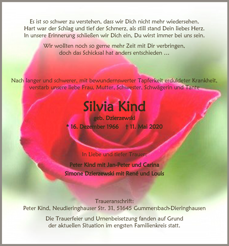  Traueranzeige für Silvia Kind vom 22.05.2020 aus  Anzeigen Echo 