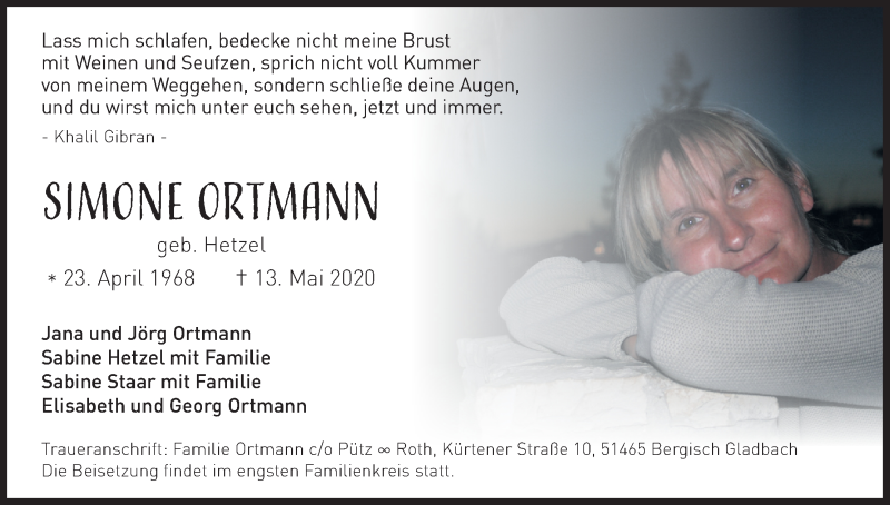  Traueranzeige für Simone Ortmann vom 23.05.2020 aus Kölner Stadt-Anzeiger / Kölnische Rundschau / Express