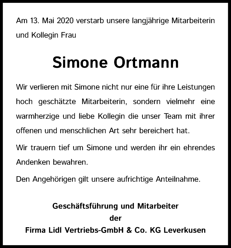  Traueranzeige für Simone Ortmann vom 23.05.2020 aus Kölner Stadt-Anzeiger / Kölnische Rundschau / Express