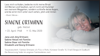 Anzeige von Simone Ortmann von Kölner Stadt-Anzeiger / Kölnische Rundschau / Express