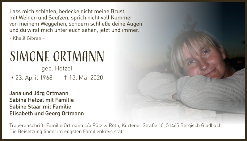  Traueranzeige für Simone Ortmann vom 22.05.2020 aus  Bergisches Handelsblatt 
