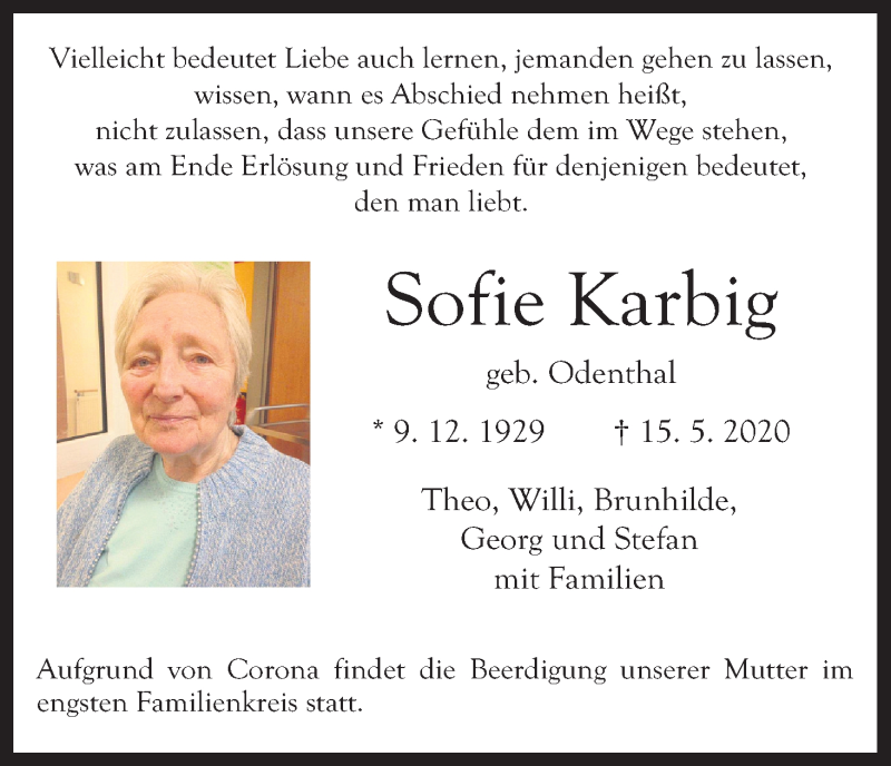  Traueranzeige für Sofie Karbig vom 20.05.2020 aus Kölner Stadt-Anzeiger / Kölnische Rundschau / Express